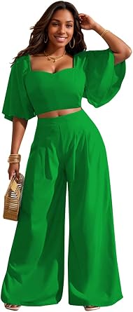 WUSENST Womens Summer 2 Piece Outfits 2025 Ruffle Sleeve Sweetheart Neck Crop Tops Wide Leg Pant Sets Casual Tracksuit