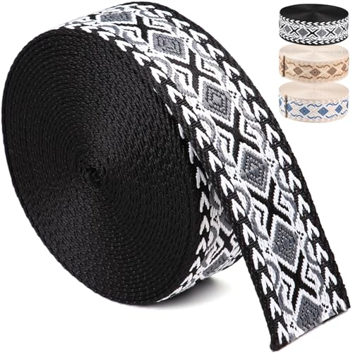Cotton Webbing 1.5 Inch for Bag Handles, Jacquard Black and