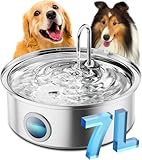 oneisall 7L Trinkbrunnen für Hunde, Edelstahl Hundebrunnen mit großem Sichtfenster, Wasserspender mit LED-Licht, Ultraleiser Pumpe mit Überlastschutz, 5-Schicht Filtration