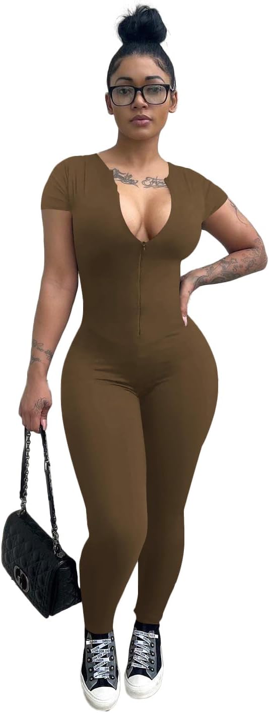 Mrskoala Women Summer Jumpsuits One Piece Dressy Short Sleeve Casual Zipper Romper