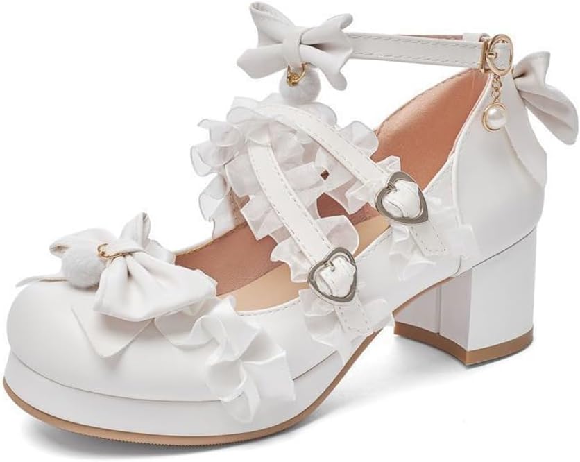 Anime Women White Black Pink high Heels, Sweet and Cute with Bows, Lolita Style Cosplay Costume Shoes