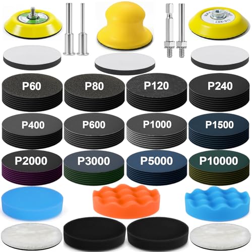 137Pcs 3 Inch Sanding Disc Polishing Kit, Headlight Restoration Kit, 60-10000 Grit Wet Dry Hook & Loop Sandpapers, Wool Sponge Polishing Pads for Drill Rotary Tools Car Wood Metal Resin Glass