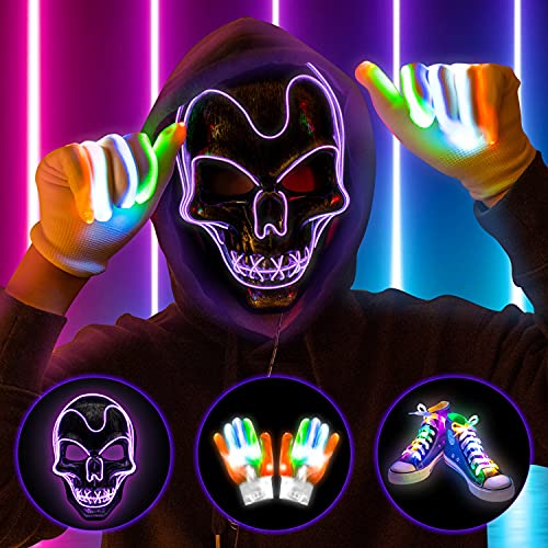 YoleShy Halloween Led Light Up Masks with Led Gloves Shoelaces Set, Led Costume Masks for Kids, Men & Women, Led Wired Scary Masks for Halloween Cosplay Costume and Party Supplies