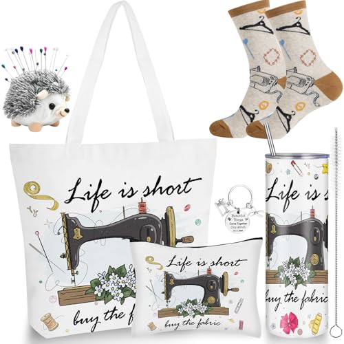 VAIPI 6 Pcs Sewing Gifts for Seamstress Quilting Gifts Stuff Include 20 oz Quilting Tumbler Tote Bag Cosmetic Bag Socks Keychain Funny Gifts for Quilters Sewing Lovers, Mother's Day Gift for Mom
