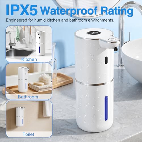 Image of Fachixy Automatic Foaming Soap Dispenser Touchless, 6 Adjustable Level | 12.8oz /380mL, Up to 90 Days Battery Life, 6 Adjustable Level, Rechargeable, Wall Mountable IPX5 for Kitchen & Bathroom, White