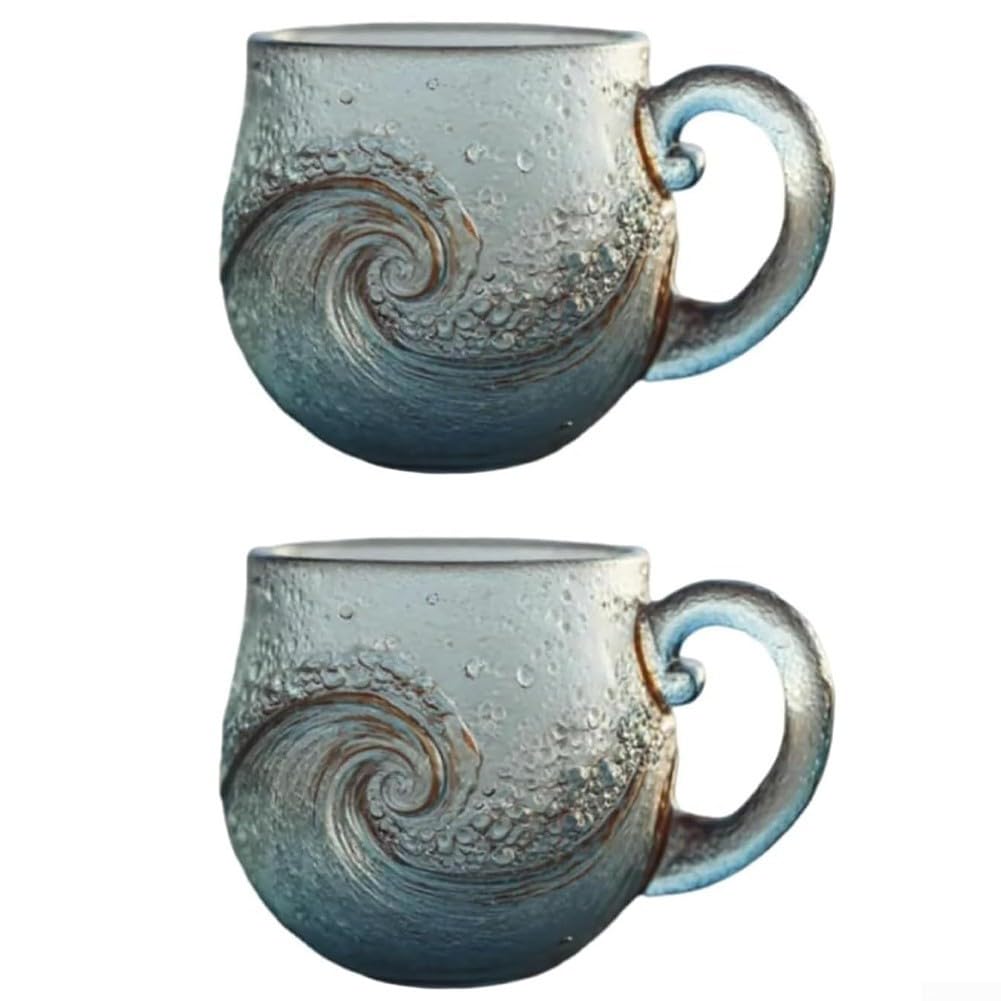 Taza de vidrio de mar hecha a mano con textura de ola de playa para té, café y cócteles, bebidas de vidrio, 12 onzas (2)