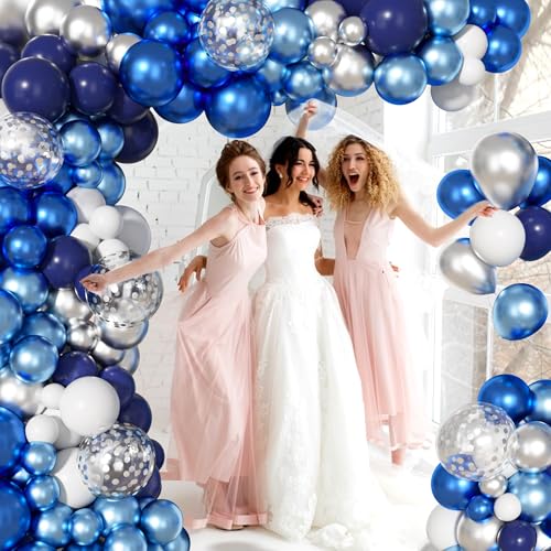 Image of Ouddy Life 156Pcs Blue Silver Balloons Garland Arch Kit, Navy Royal Metallic Light Blue Silver White Confetti Balloon for Birthday Wedding Baby Shower Birdal Graduation Retirement Party Decorations