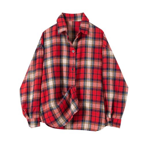 Generisch Camisa a cuadros de manga larga para niñas y niños, blusa clásica con botones, cómoda e informal para niños, rojo, 11-12 años