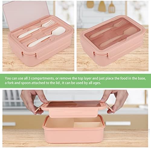 Coolzon Bento Box Lunch Box Adults Kids,1400ML Lunch Box for Boys Girls with 3 Compartments, BPA Free Plastic Lunch Box BMeal Prep Container with Spoon and Fork,Pink
