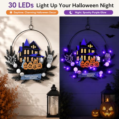 Halloween Wreath with Lights, 15.7 Inch, 6H On/18H Off Timer - image 4