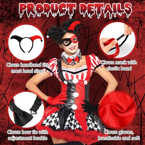 Quinn Jester Costume Accessories for Women & Kids - 5PCS Black & Red Halloween Clown Headband, Eye Mask, Bow Tie, Gloves - Image 3
