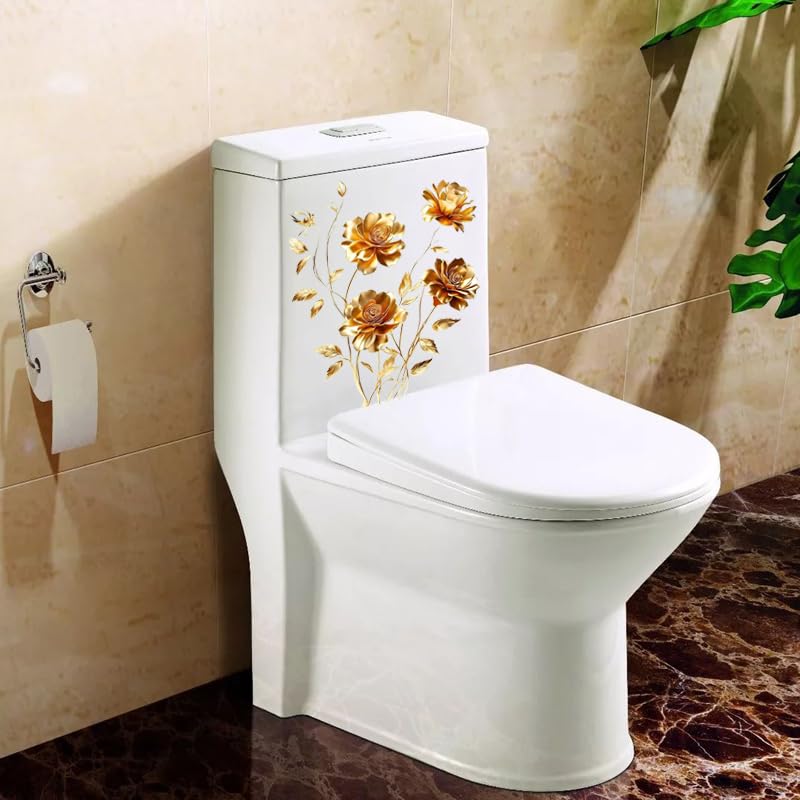 Christmas Gold Roses Flower Toilet Cover Sticker Decals,Fish Bird Flower Leaf Waterproof Toilet Lid Tank Seat Decals Cistern Self-Adhesive Bathroom Wall Sticker