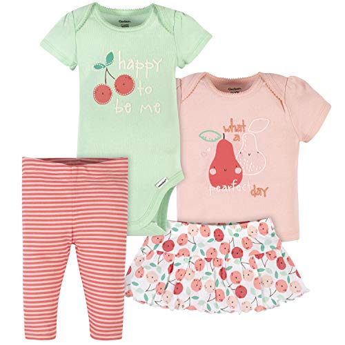 Gerber Baby Girls' Toddler 4-Piece Shirt, Skirted Panty and Pant Set, Pink Cherries Pear Onesie, 6-9 Months