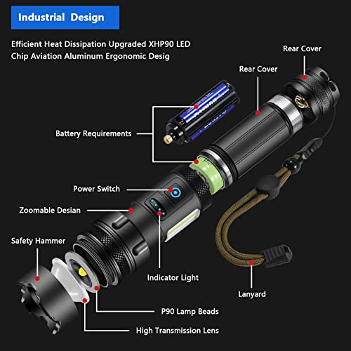 Jay-Park Flashlights High Lumens Rechargeable, Led Flashlight Super Bright Xhp90.2 Zoomable, High Power 100000 Lumen Flashlight With Cob Light, Powerful Tactical Flashlight For Emergencie Camping #TOP4