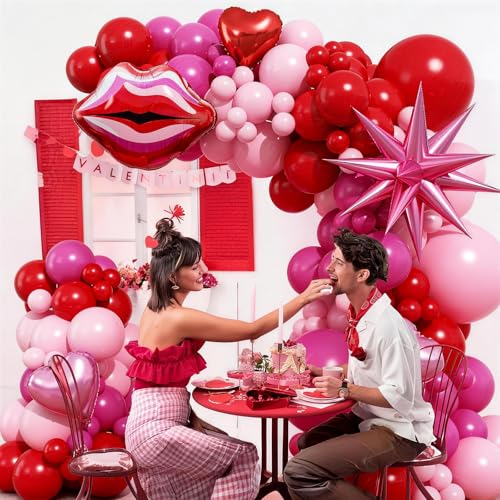 Image of Valentines Day Balloon Arch Kit Hot Pink Red Balloon Garland with Lip Heart Star Foil Balloons Rose Red Baby Light Pink Galentines Party Decorations for Proposal Engagement Wedding Mothers, 97Pcs