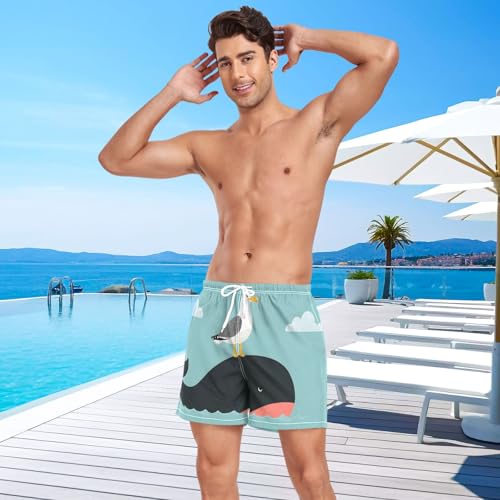 Seagull Whale Cloud Men's Swim Trunks, Quick Dry Beach Board Shorts with Liner, Swimwear Bathing Suits S4