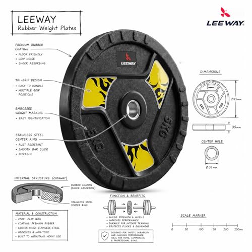 Image of Leeway 50kg Combo | Home Gym Set for Men | Barbell Rod with Plates and Dumbbell Set | Rubber Weight Plates, 3 Ft Curl + 5 Ft Rod (28mm) | Gym Equipments Zym, Jim ka Saman (50kg Set (2.5X4+5X4+10X2)