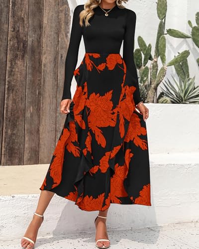 Image of BTFBM Womens Floral Maxi Dress Fall 2025 Casual Crewneck Long Sleeve Ruffle Flowy Cocktail Wedding Guest Dresses
