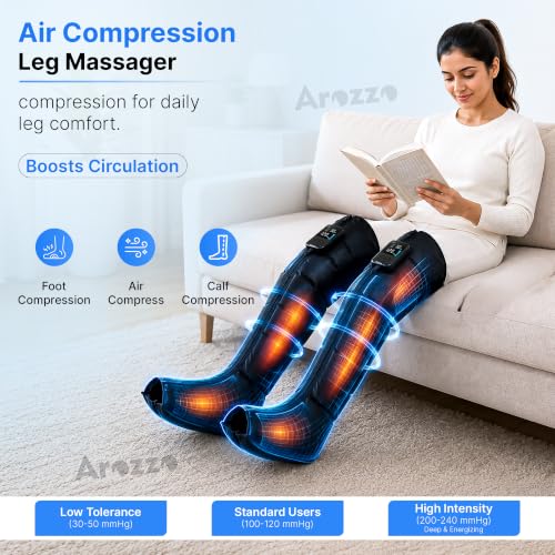 Image of AROZZO Air Compression Leg & Foot Massager Machine for Pain Relief | 4000mAh Cordless Feet Massager with 240mmHg Pressure & 5 Air Chambers | 2 Controllers, 5Modes , 7 Intensities for Muscle Relaxation (1 Year Warranty)