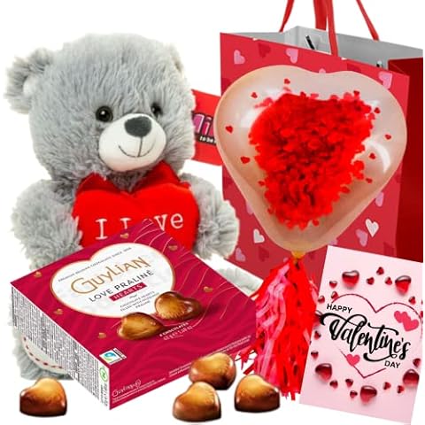 Valentines Gifts for Her & Him - Valentines Teddy, Guylian Valentines Chocolate, Red Heart Balloons, Valentines Gift Bag, Valentines Card - Valentines Hampers for Men, Women, Boyfriend, Girlfriend Cover
