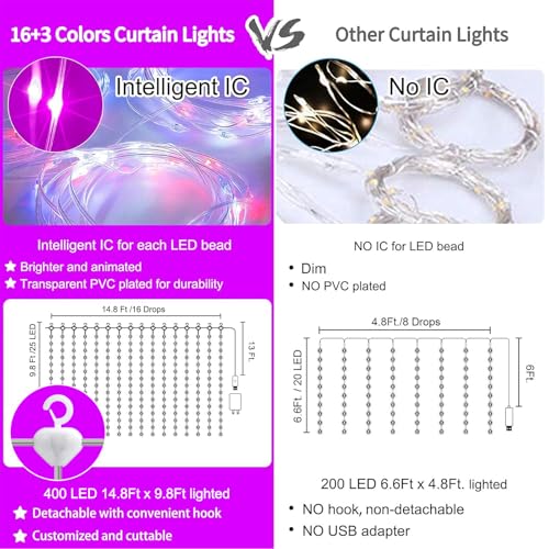 Image of 16 Colors Changing Curtain Lights - 400 LED 14.8 X 9.8 FT Fairy String, 7 Modes Twinkle with Remote, Backdrop Wall Hanging Dripping for Bedroom Backyard Halloween Christmas Decor
