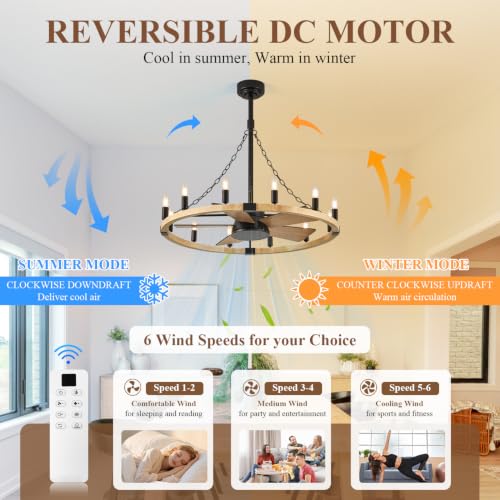 Image of Natural Wooden Wagon Wheel Chandelier Fans 12-Light 36 inch Fandelier