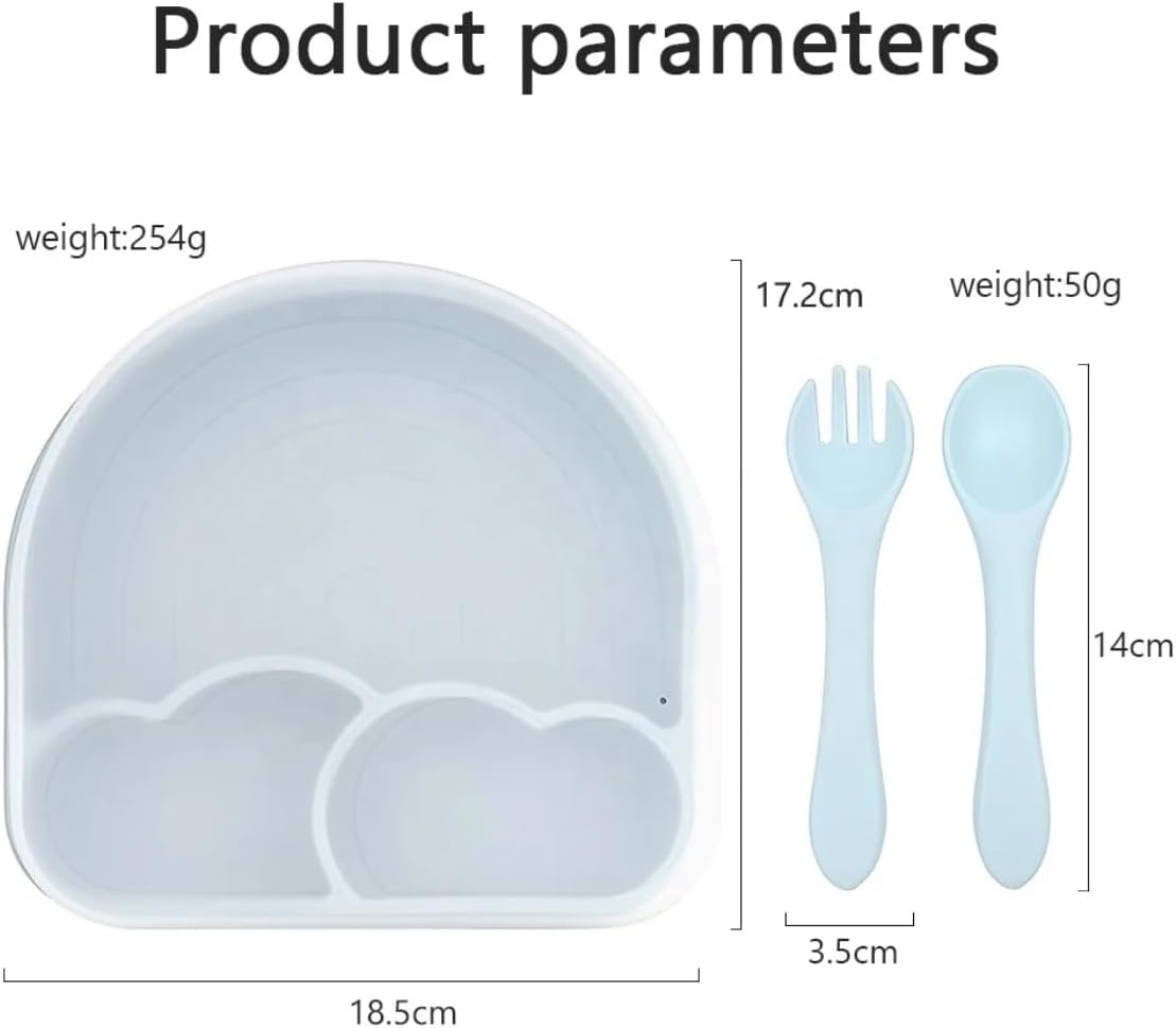 | Cloud & Rainbow Silicone Feeding Set | Silicone Plates | Toddler Dishes | Silicone Suction Plates | Baby Dishes| Spoon, Fork, Lid | Food Grade Silicone | (Ice Blue)