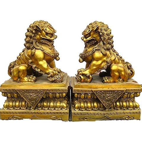China Fengshui Bronze Evil Spirits Gate Guardian Foo Fu Dog Lion Statue Pair (Yellow) Cover