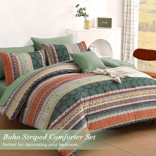 Image of Cottolester Boho Comforter Set Full Size,8 Pieces Sage Green and Orange Bohemian Striped Bed in a Bag,Paisley Soft Microfiber Bedding Comforter Set