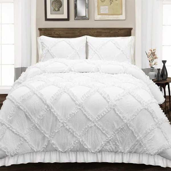 300 Thread Count Luxurious Diamond Ruffle Duvet/Quilt/Blanket Cover Set- Zipper Closure Diamond Duvet Cover with 2 Pillow Cover- 100% Cotton Ruffle Design- Double Size White Solid-image-12