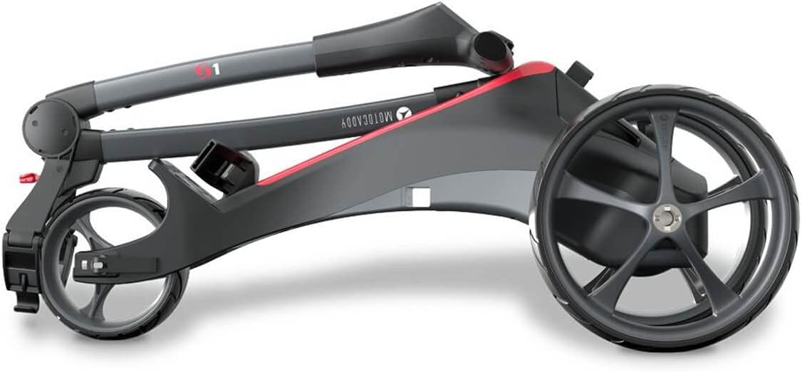 Motocaddy S1 Ultra Lithium Golf Trolley in folded position, viewed soti nan bò a.
