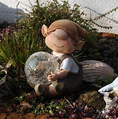 Andy The Elf Resin Garden Ornament with Solar Powered Illuminating Colour Change Ball, Fairy, Troll, garden imp