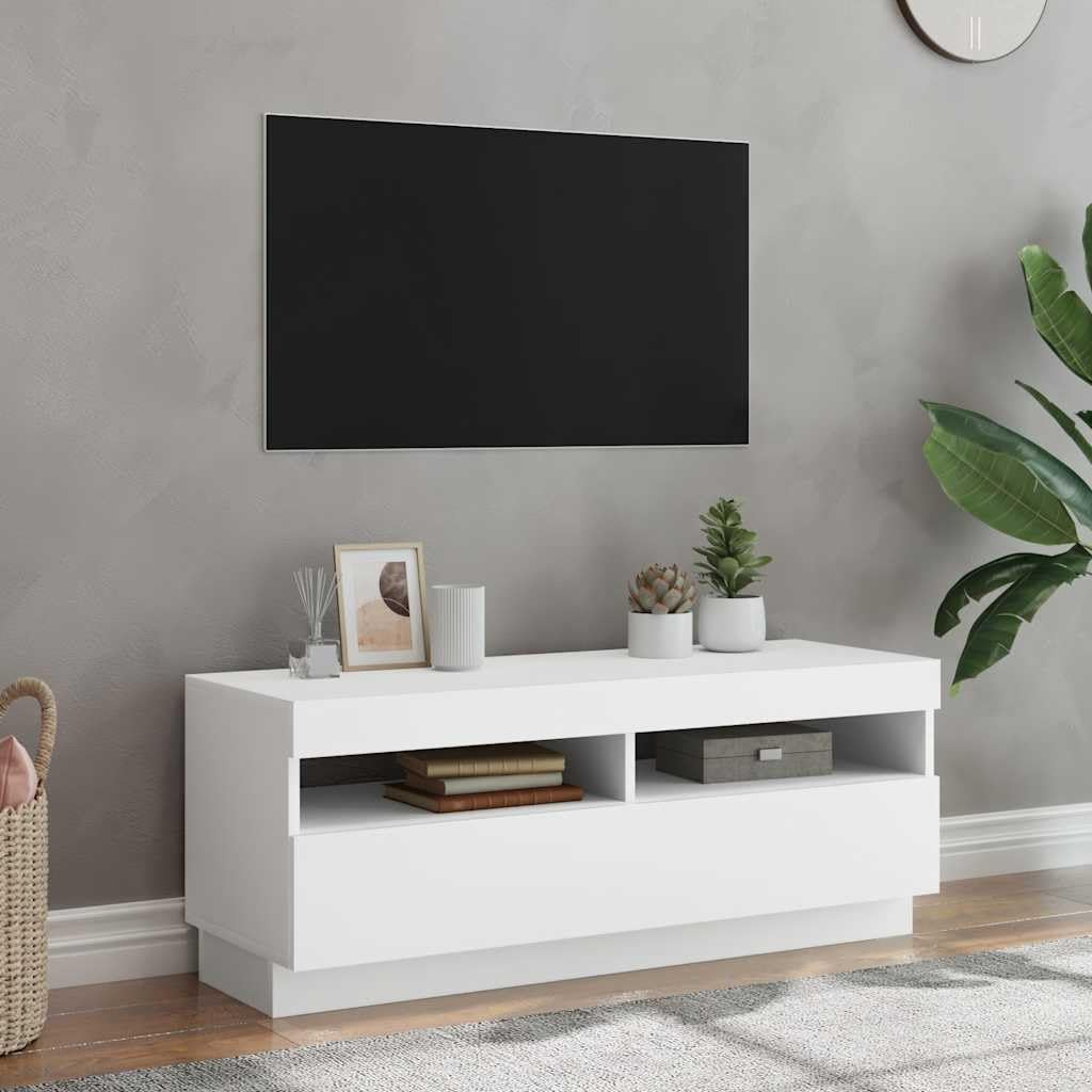 Szafka TV z diodami LED RGB, biała, 100 x 35 x 40 cm, materiał drewnopochodny, nowoczesne centrum rozrywki do salonu, sypialni, do przechowywania multimediów