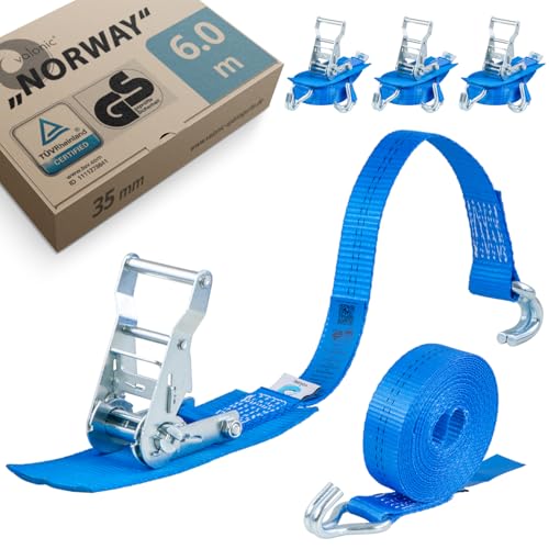 valonic NORWAY - 4x 6m ratchet straps with hooks, 35mm, 1000/2000 Kg, protection pad, TÜV Rheinl. & GS certified, EN-12195-2 - two-piece tensioning straps for trucks, trailers, blue