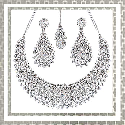 Touchstone Hollywood Glamour Scintillating White Round And Rivoli Shape Rhinestone Grand Bridal Designer Jewelry Hasli Necklace Set For Women In Silver Tone #TOP7