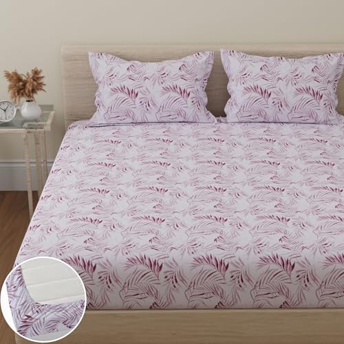 Image of HUESLAND by Ahmedabad Cotton 144 TC Cotton Elastic Fitted Bedsheet King Size with 2 Pillow Covers | 72 x 78 inches