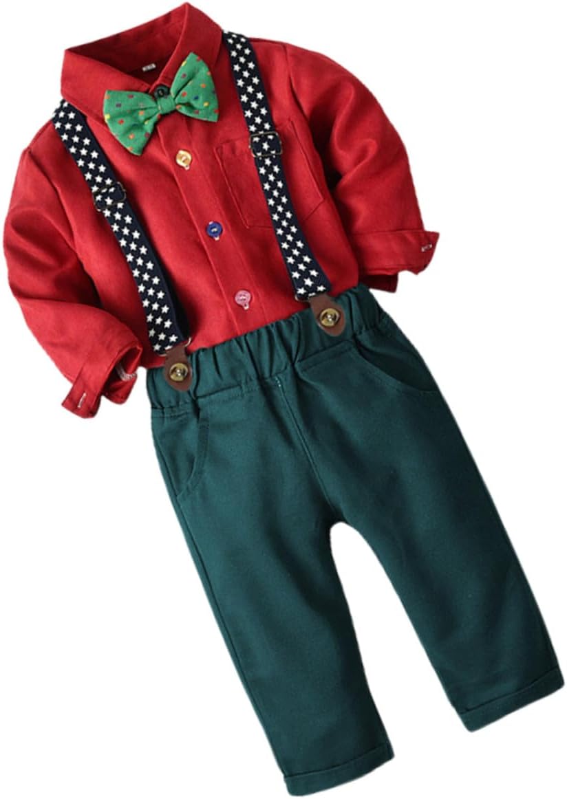 Christmas Suit Long-sleeved Bow Tie Shirt and Suspender Trouser Set for Boys, Red Cotton Festival Clothing Outfit for 100cm Height