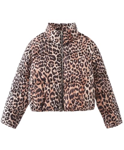Antinson Womens Leopard Print Cropped Puffer Jacket Winter Warm Stand Collar Zip Up Short Down Coat Outwears(-Brown-XS)