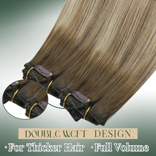 Image of Ugeat Clip in Hair Extensions Real Human Hair Balayage 18 Inch 7pcs 120g | Hair Extensions Clip in , Dark Brown Balayage Chocolate Brown Mix Light Brown , Hair Clip in Extensions