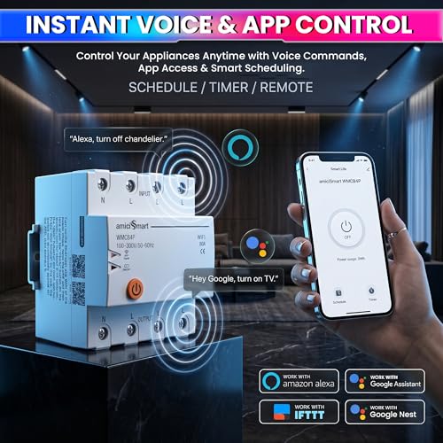 Image of amiciSmart WiFi MCB, Circuit Breaker, 220VAC 80A 3 Phase Home Automation Smart Switch Timer Mobile App Control Compatible with Alexa, White (Din Rail Mount)