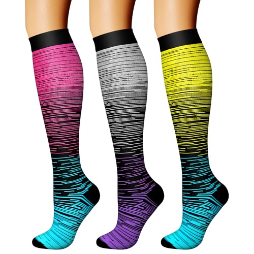 CHARMKING Compression Socks for Women & Men Circulation (3 Pairs) 15-20 mmHg is Best Athletic for Running, Flight Travel, Support, Cycling, Pregnant - Boost Performance, Durability (L/XL,Multi 32)