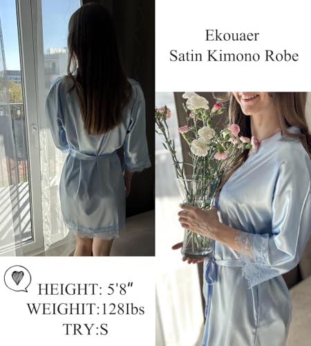 Image of Ekouaer Womens Silk Robes Short Lace Trim Satin Bride Bathrobe with Pockets