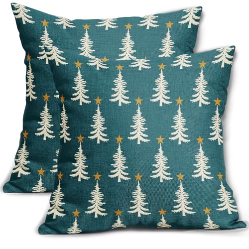 Aytipun Teal Christmas Pillow Covers 20x20 Set of 2 Xmas Tree Star Rustic Winter Print Decorative Outdoor Pillowcases Farmhouse Vintage Holiday Decorations Throw Cushion Case Decor for Couch Sofa Bed