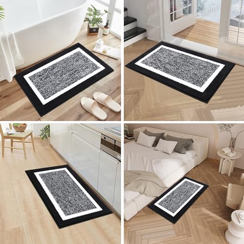 Pauwer Bathroom Rug Sets 3-Piece Shower Rugs with U-Shaped Contour Toilet Mat Absorbent Microfiber Plush Bath Mats Non Slip Machine Washable Shaggy Bathroom Floor Mats, Black