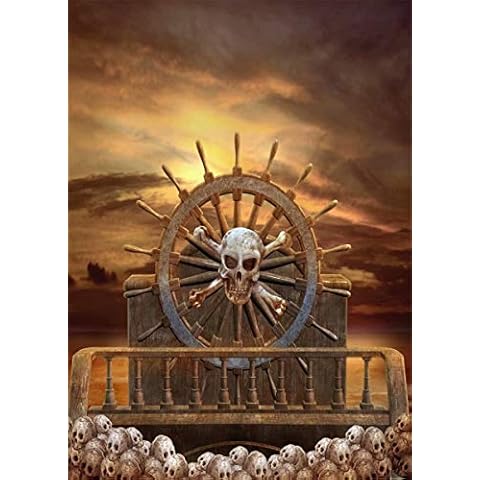 BELECO 5x7ft Fabric Pirate Ship Halloween Backdrop Pirate Decorations for Adult Party Pirate Steering Wheel with Skulls Corsair Boat Photography Backdrop for Pirate Theme Birthday Photoshoot Props Cover