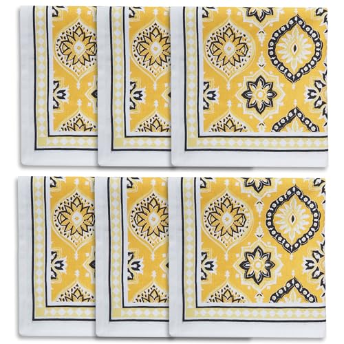 Image of Encasa XO Dining Table Napkins Set of 6 | Yellow-03 Block Printed Cotton Canvas Cloth Napkin - 45x45 cm | Jaipur Sanganeri Hand Print