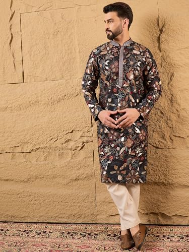 Image of Men's Black Silk Blended Solid Embroidered Long Kurta | Men's Kurtas | Embroidered Kurta's for Men | Straight Fit Kurta for Men