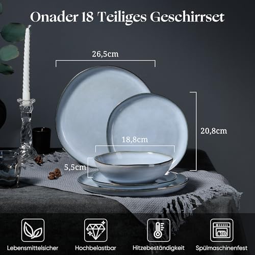 Onader Geschirrset 6 Personen, 18 Teiliges Tafelservice Steingut Set, Unregelmäßig Rund Müslischalen Dessertteller Speiseteller, Anti-Kratzer & Mikrowellenfest, Reaktives Neblig Blau