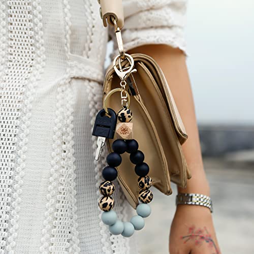 Wristlet Keychain Bracelet Silicone Beaded Key Ring Bracelet With Wooden Bead Bangle Car Key Chains(Leopard Black) #TOP2