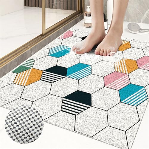 Surwin Alfombra Ducha Antideslizante, Patrón Hexágono Alfombra Baño Lufa PVC Alfombrillas Ducha/Bañera Secado Rápido Lavable con Orificio de Drenaje (Estilo Simple,75x100cm)